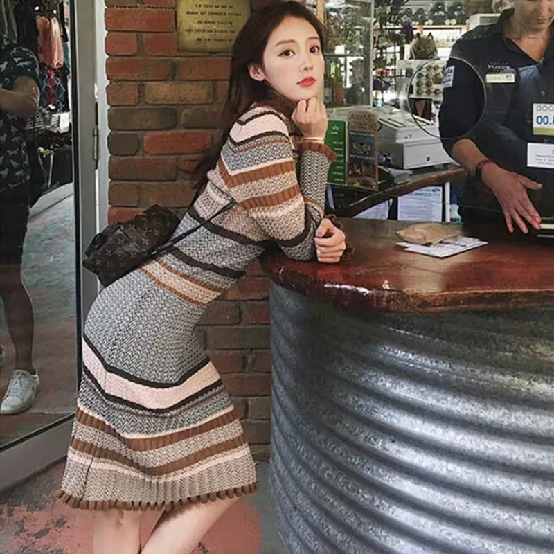 Elegant Striped Autumn Winter Dress Vintage Slim Women Sweater Dress O-neck Women Knitted Dress Female Midi Jumpers Dress 2019