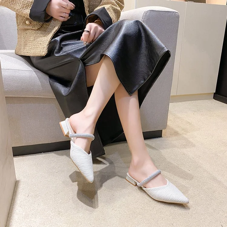 Wongn Wongn 2024 New Korean Version Of Cloth Baotou Half Drag Diamond Thick Heel Slippers Lazy Slippers Women's Shoes