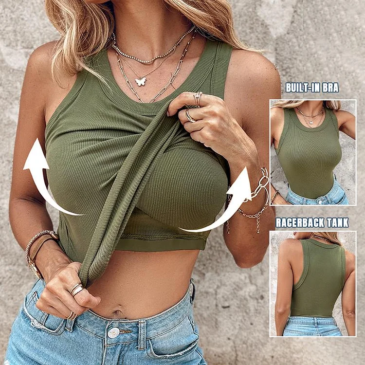 💕Round Neck Built-in Bra Ribbed Tank Top Fit Casual Comfortable 