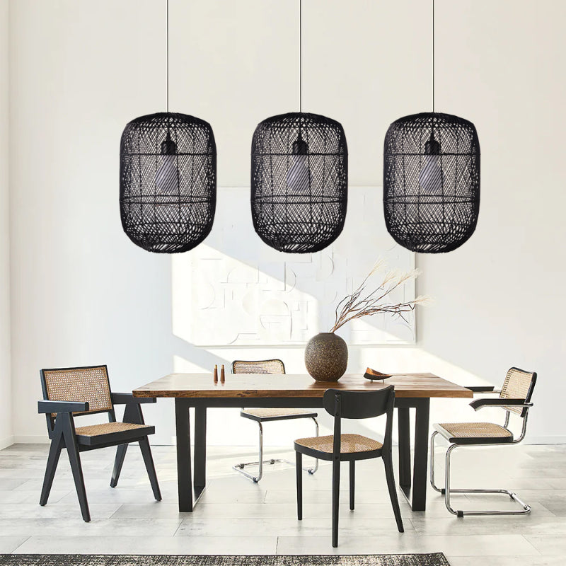 Boho Black Rattan Pendant Light For Kitchen Island Dining Room
