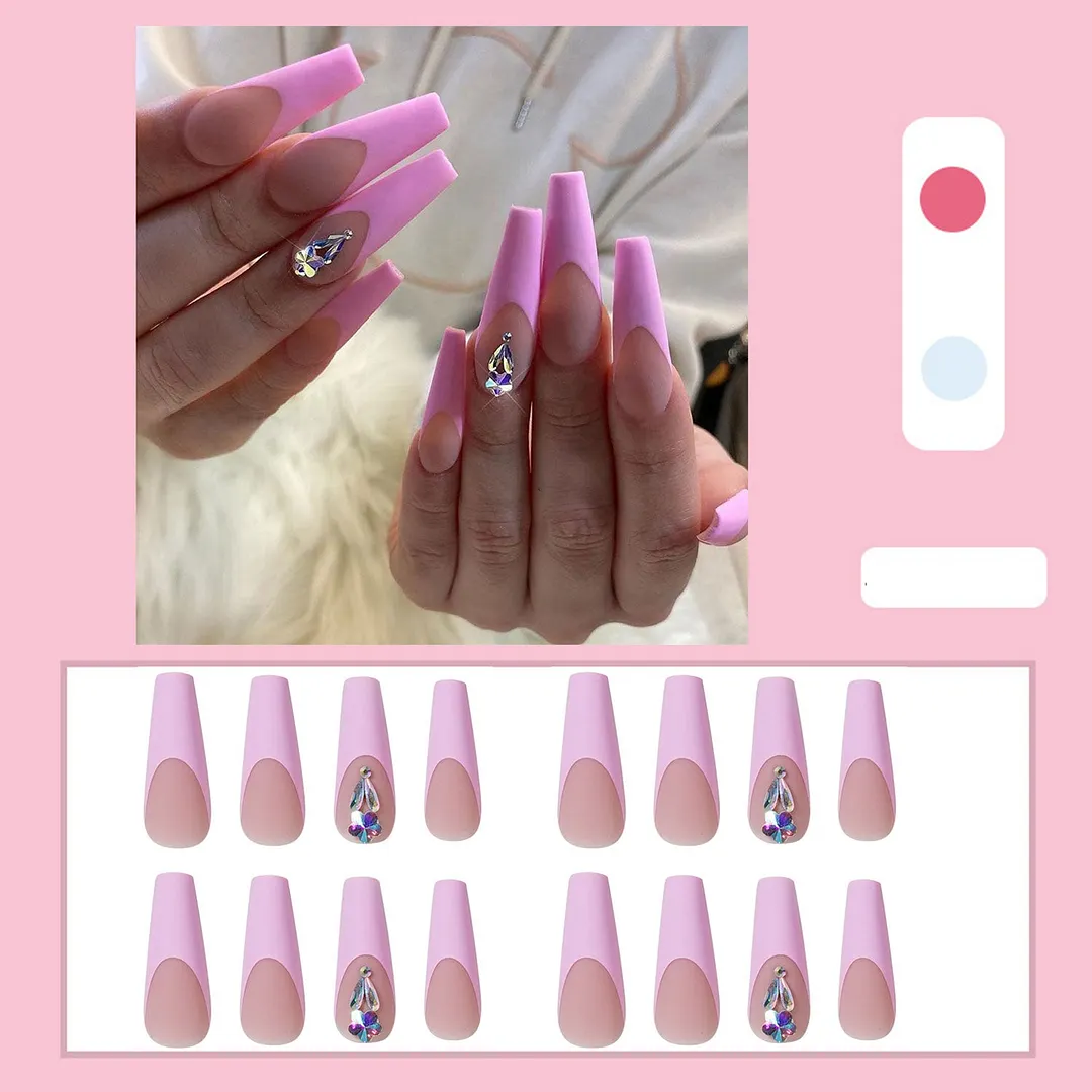 24pcs Extra Long Coffin False Nails yellow Flower designs Rhinestone Ballerina Fake Nails Full Cover Nail Tips Press On Nails