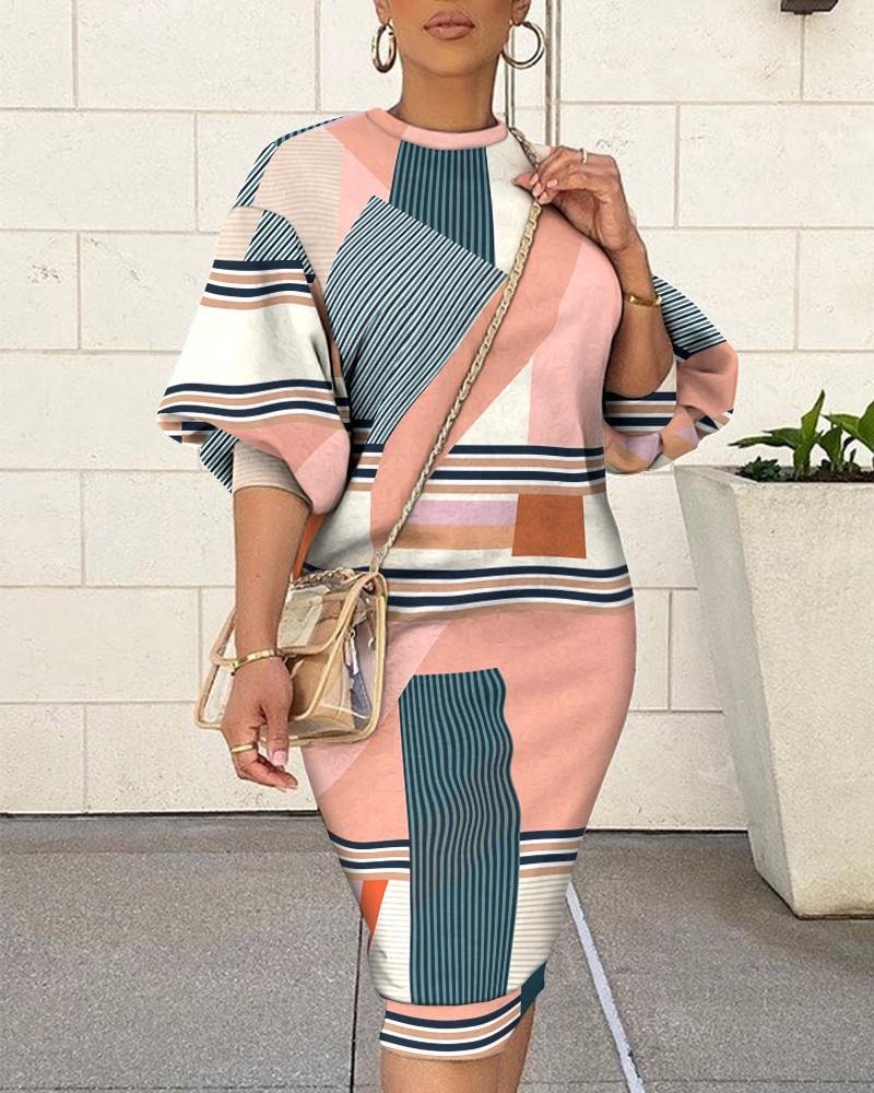 Geometric Print Lantern Sleeve Sweatshirt Dress