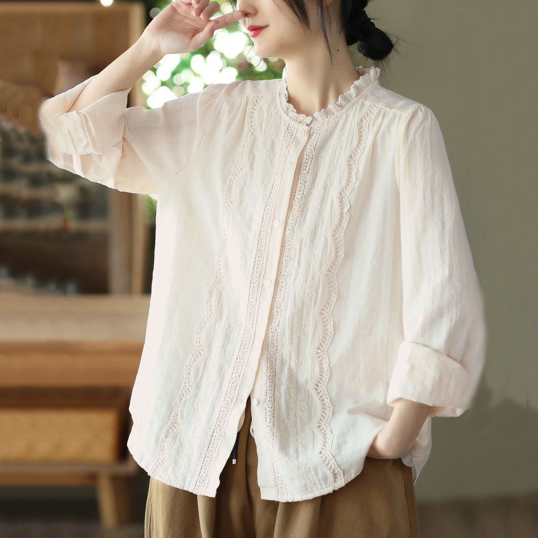 Vintage Lace Embroidery Button Cotton Linen Comfy Shirt