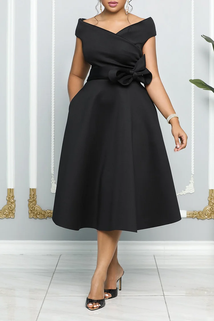 Plus Size Black Prom Knitted Off The Shoulder With Pocket A-line Midi Dresses 