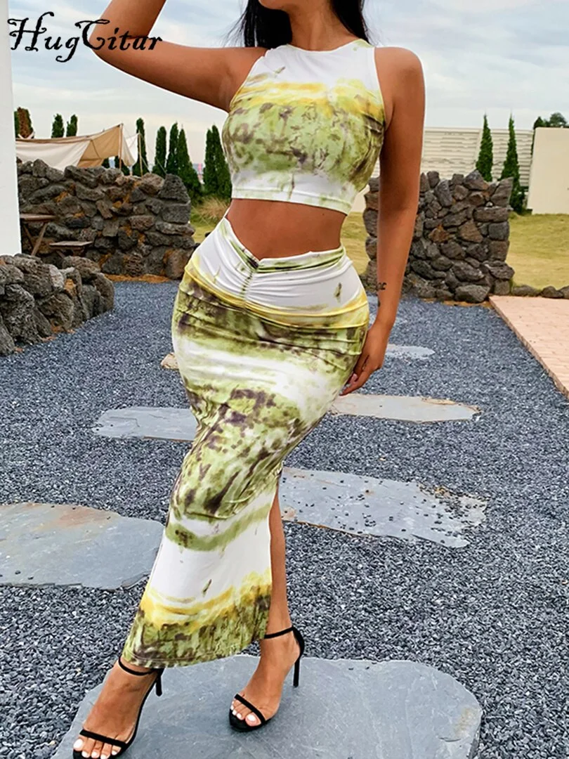 Hugcitar Print Sleeveless Crop Top High Waist Ruched Maxi Dress 2 Pcs Matching Set 2021 Fall Bodycon Party Elegant Vestidos