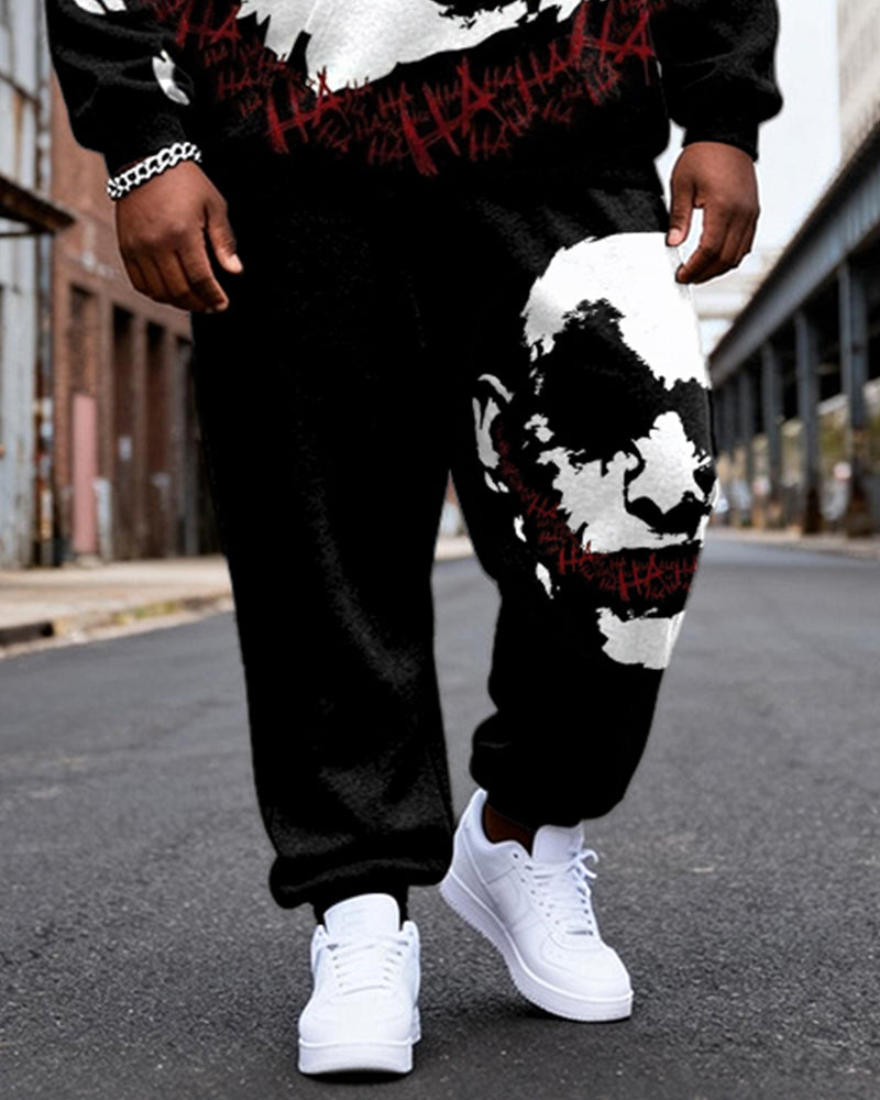 Big & Tall Men's Black Ha Skull Letter Graffiti Print Hoodie Set
