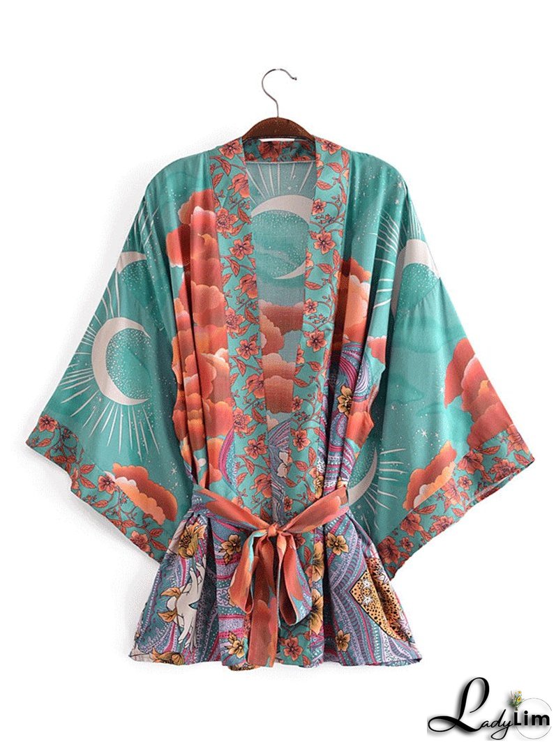 Partywear Short Kimono Floral Print Green Color Cotton Short Length Gown Kimono Duster Robe