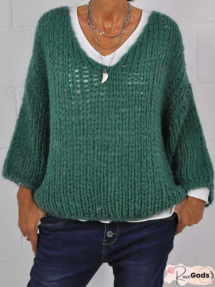 Green Openwork Long Sleeve Solid Loosen Casual Sweater