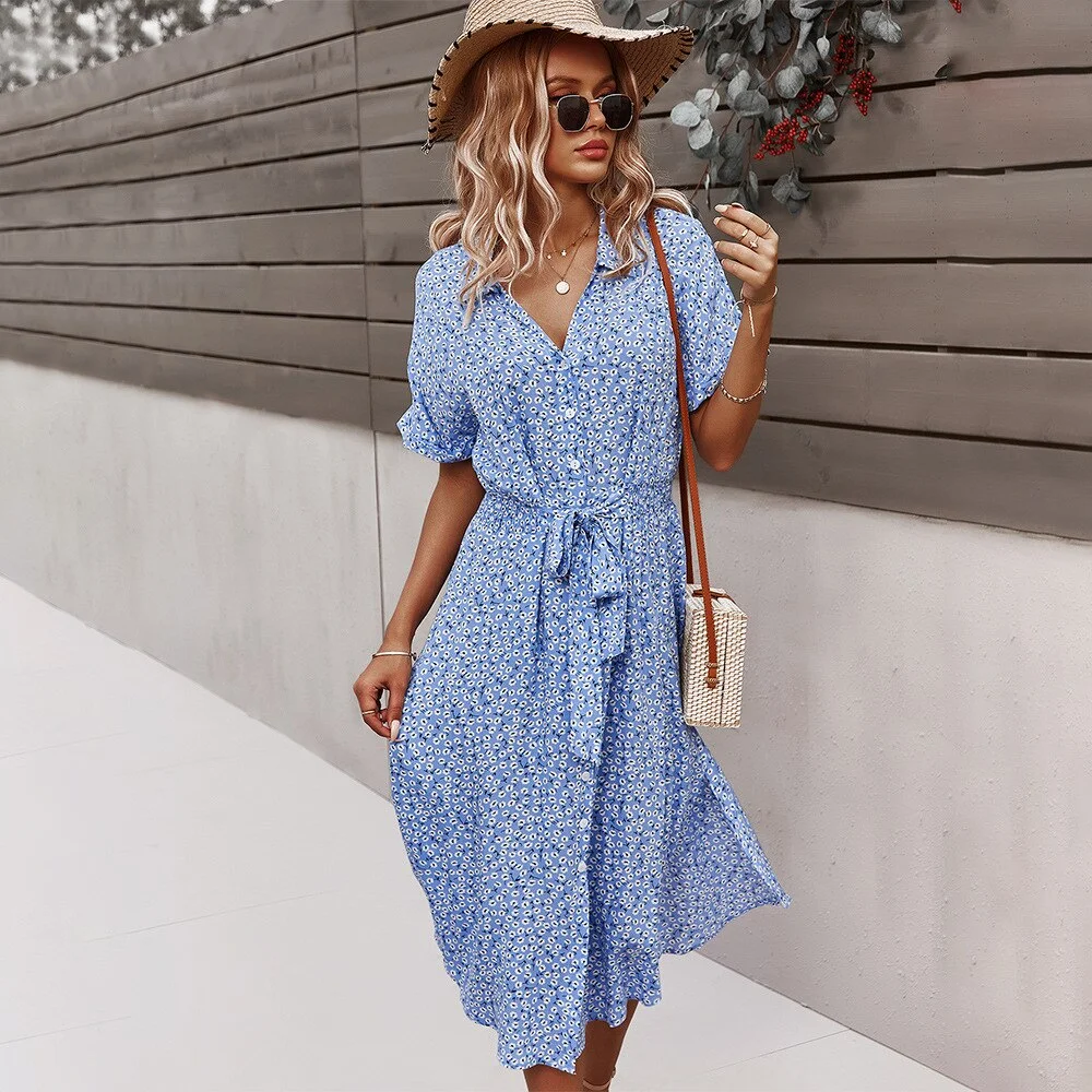 Midi Dress Women Summer Shirt Dress Floral Printed Vintage High Waist Dresses Ladies Casual Loose Single-Breasted Elegant Robe