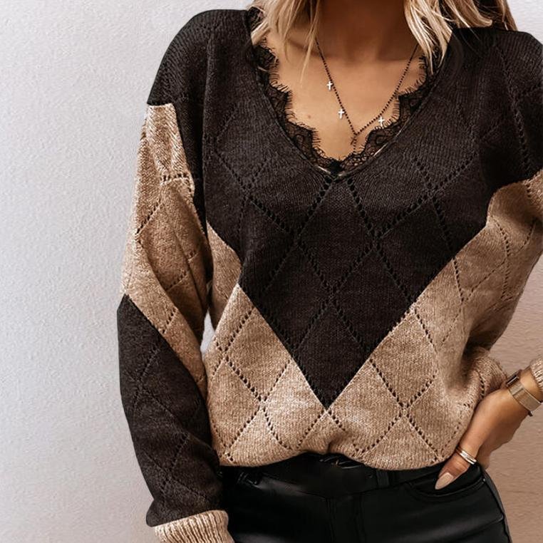 Comfy Lace V-Neck Color Block Long Sleeve Sweater