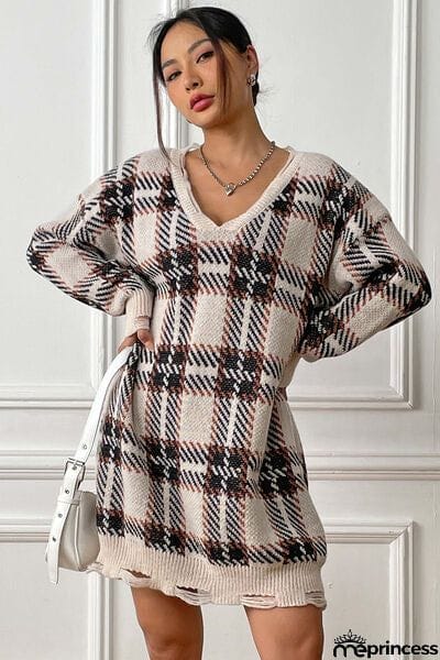 Plaid V-Neck Long Sleeve Sweater Dress