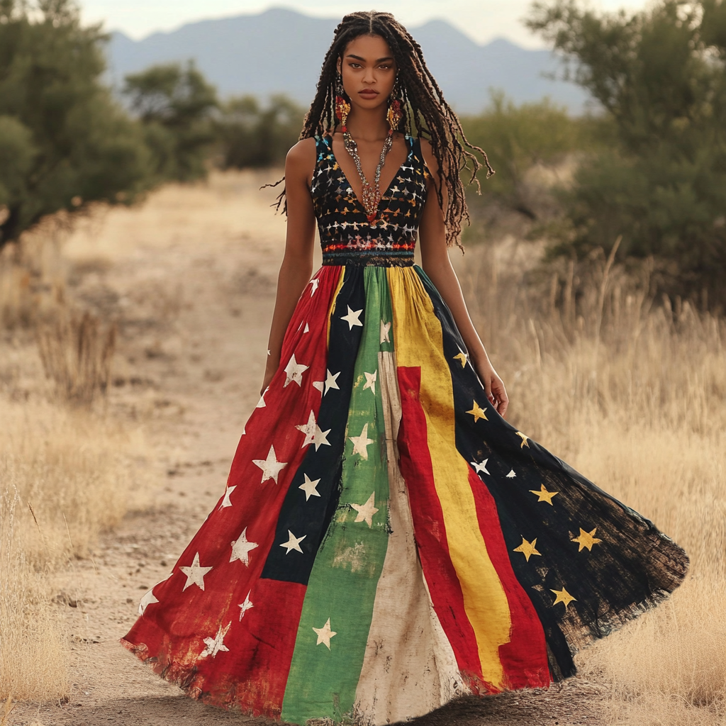 Women's African Colorful Patchwork Star Art Linen Tank Dress