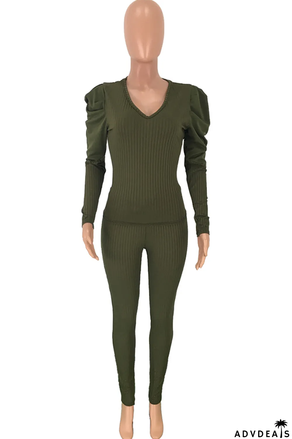 Army Green Polyester Casual Solid Patchwork Two Piece Suits pencil Long Sleeve Two-piece Pants Set