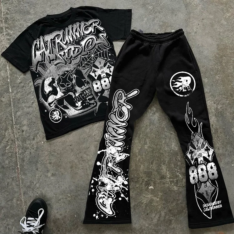 Flame Abstract Skull Graphics Short Sleeve Tee & Flared Trousers Two Piece Set