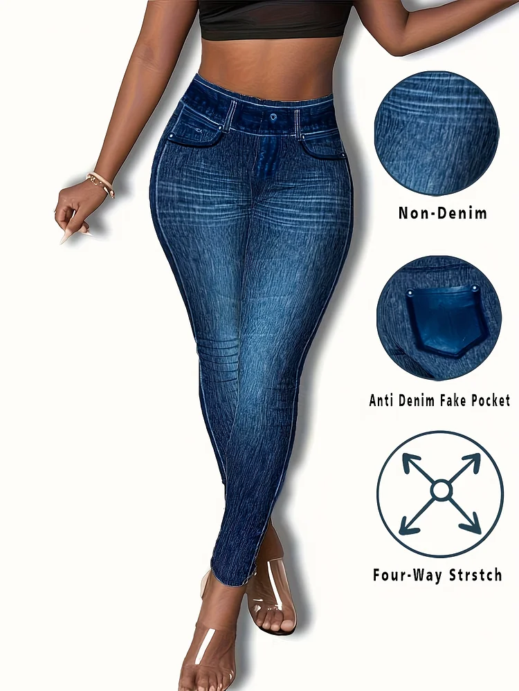 Women's Slim-Fit Imitation Denim Leggings - Stretchy Four-Way Stretch Machine-Washable Pants With Anti-Denim Fake Pocket Detail, Versatile Casual To Dressy Bottoms For Spring Summer Fall, High Waisted Leggings, Seasonal Fashion Wear, Comfortable Fabric