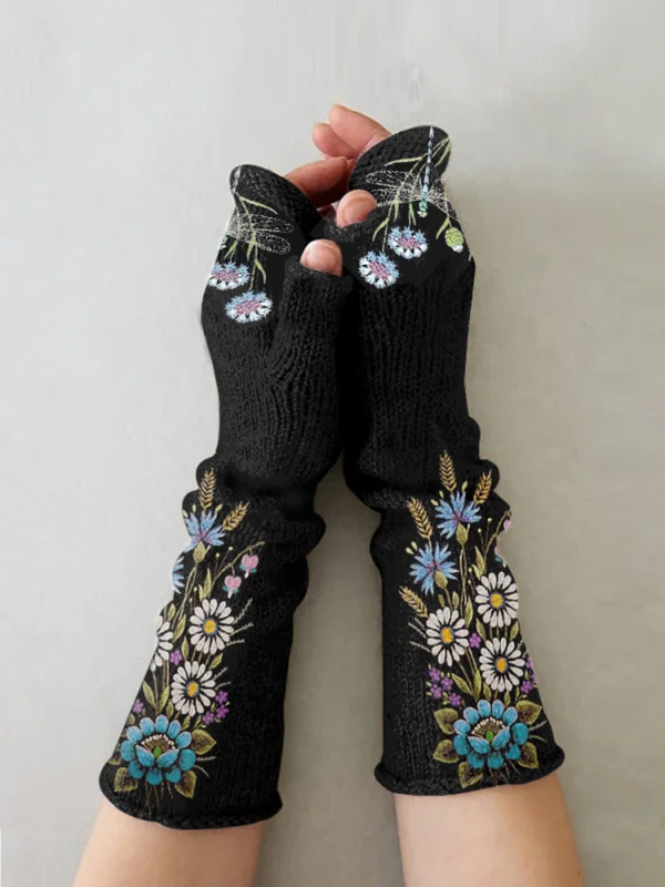 （Ship within 24 hours）Retro casual print knit fingerless gloves