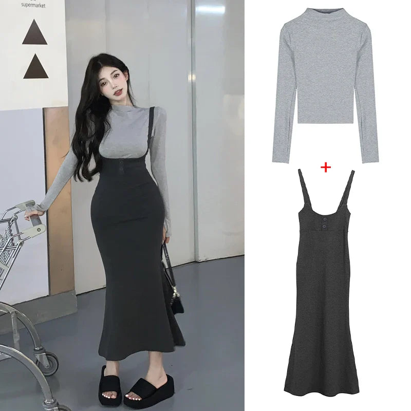 Aiertu DRESS TO IMPRESS Street Sexy Suspender Dress Women Autumn Winter Waist Tight Spice Girl Mermaid Skirt Bottom Long Sleeve T-Shirt 2 Piece Set Aiertu