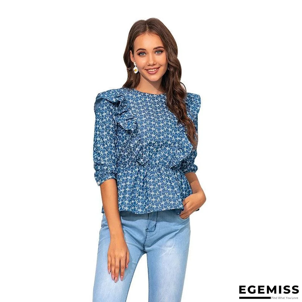 Women's New Cropped Sleeve Ruffled Waist Embroidered Denim Jacket | EGEMISS