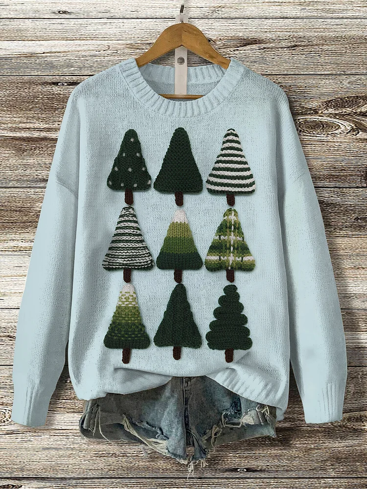 Women's Christmas Tree Embroidery Print Knit Sweatshirt