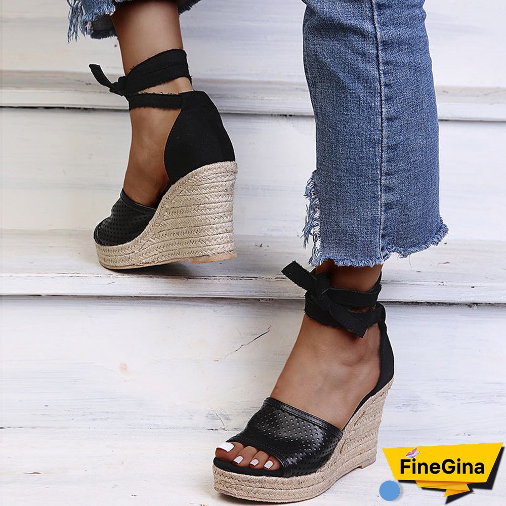 Women's Casual Hollow Breathable Hemp Rope Hemmed Wedge Sandals