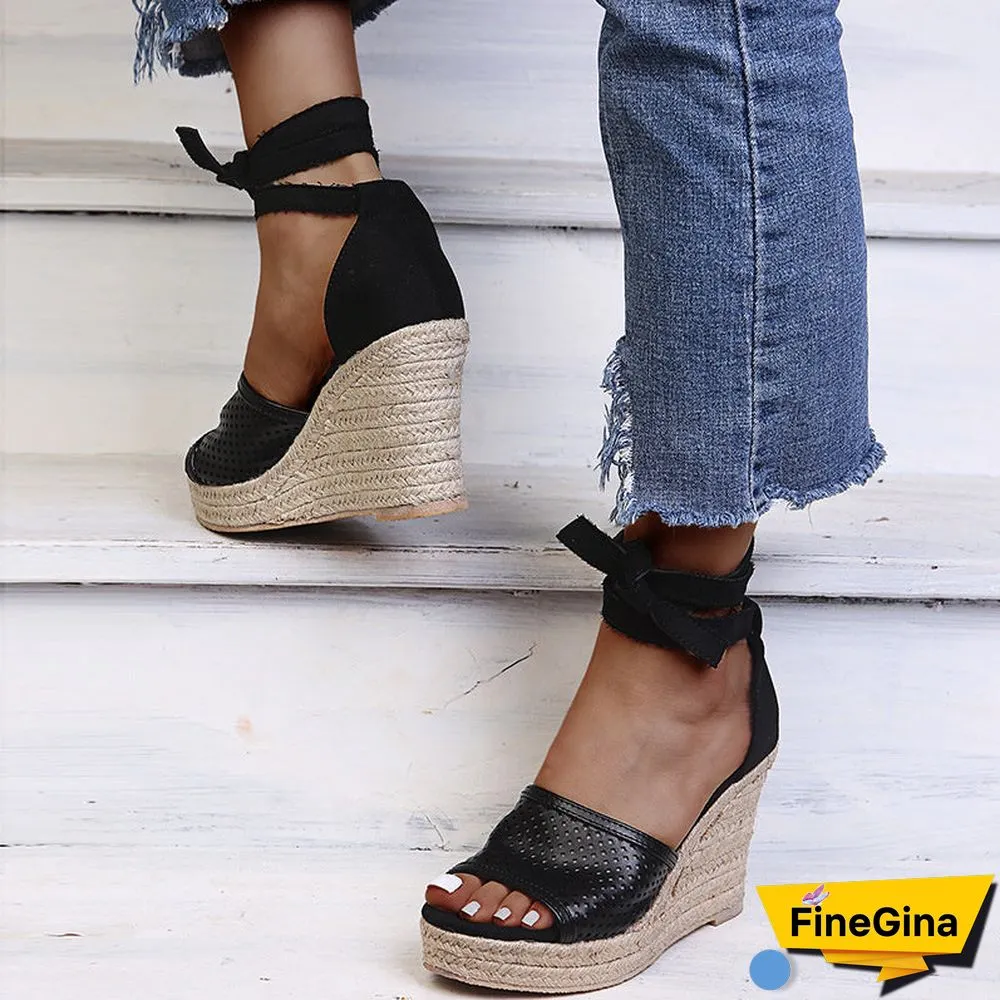 Women's Casual Hollow Breathable Hemp Rope Hemmed Wedge Sandals