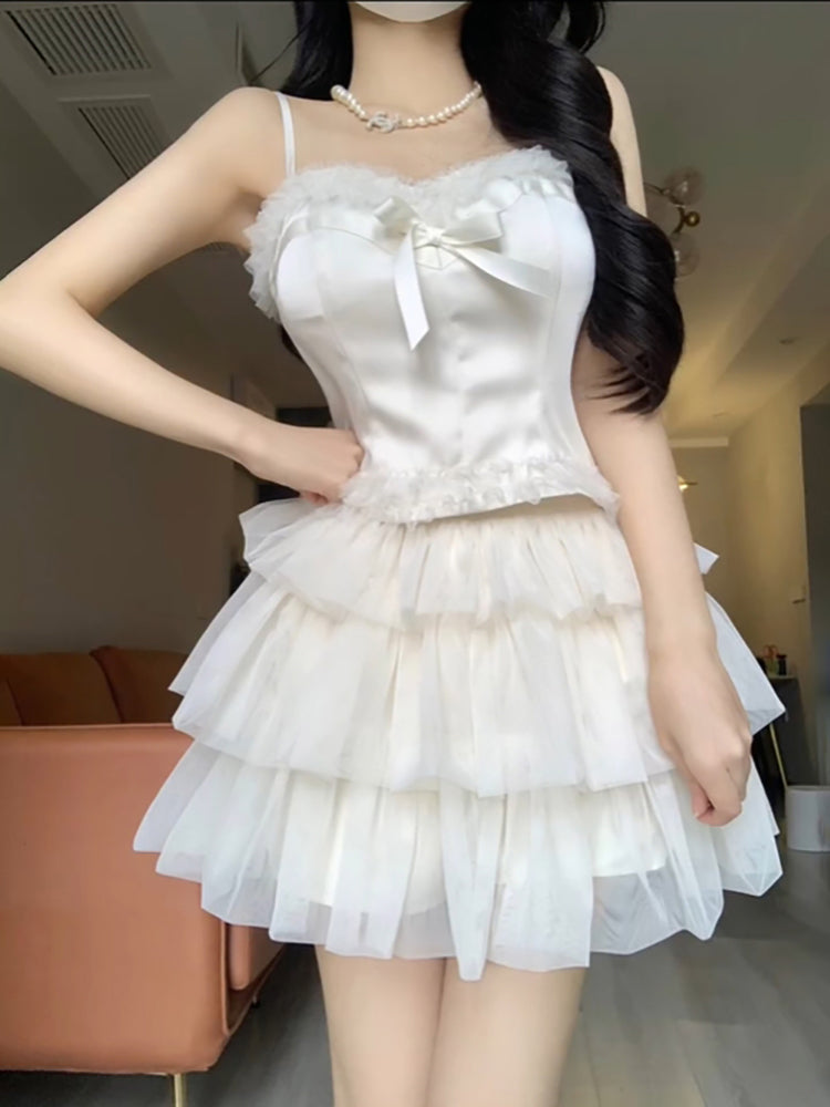 Aiertu Chic 2 Pieces White Top and Bottom Skirt Tulle Party Dress Birthday Dresses Birthday Outfits HOT1243 Aiertu