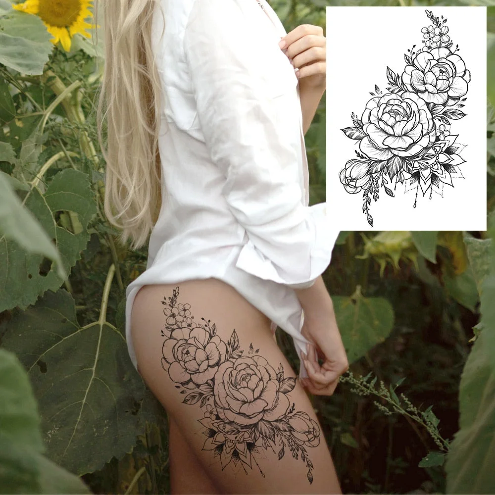 Realistic Sexy Peony Tattoos Temporary Women Adult Flower Arm Tattoos Sticker Waterproof Fake Floral Bloosom Body Leg Art Tatoos