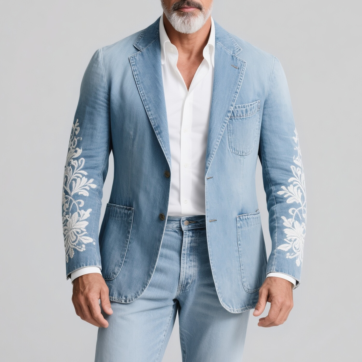 Men's Denim White Floral Embroidered Long Sleeve Patch Pockets Single Breasted Notched Lapel Blazer