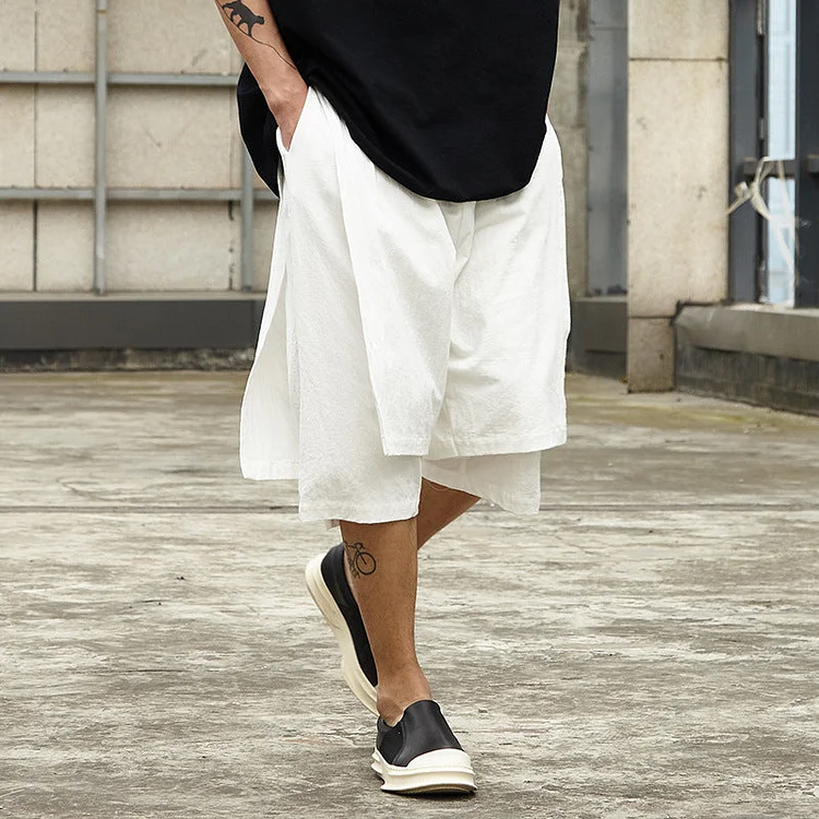 Dawfashion Techwear Streetwear-Japanese Dark Style Solid Color Linen Cropped Wide-leg Loose Beach Pants-Streetfashion-Darkwear-Techwear