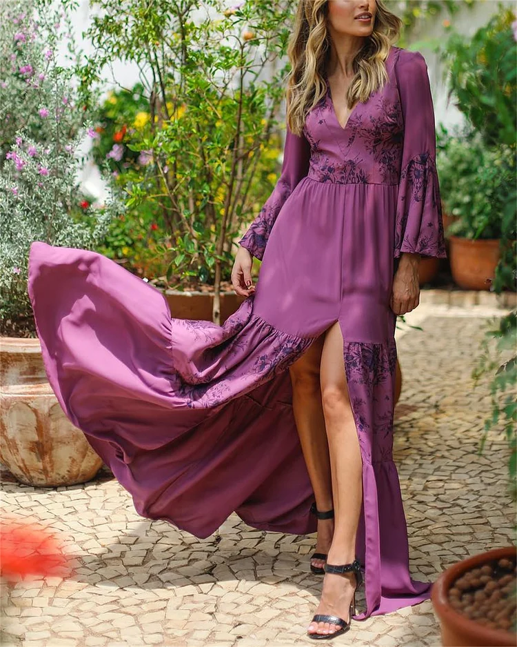 Women's Purple V-neck Slit Print Dress