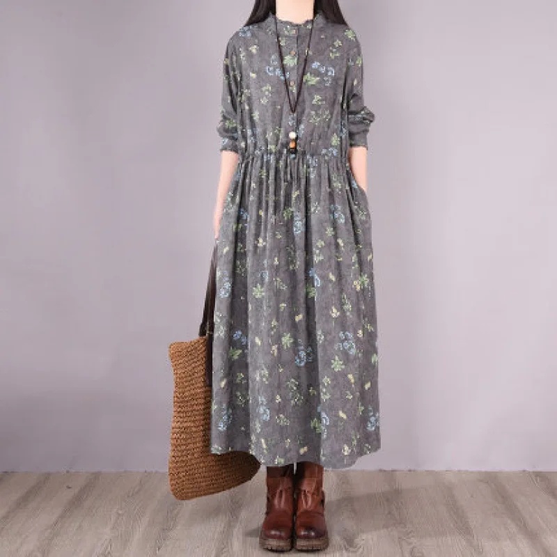 Spring 2025 Women's Vintage Floral Cotton Linen Dress – Loose Fit with Waist Belt & Full Sleeves (Round Neck, Ankle Length)