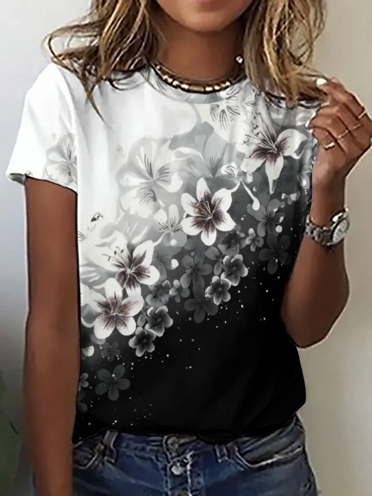 Printed Short Sleeve Casual T-shirt for  Women and Men Unisex Pattern Floral, Black, White