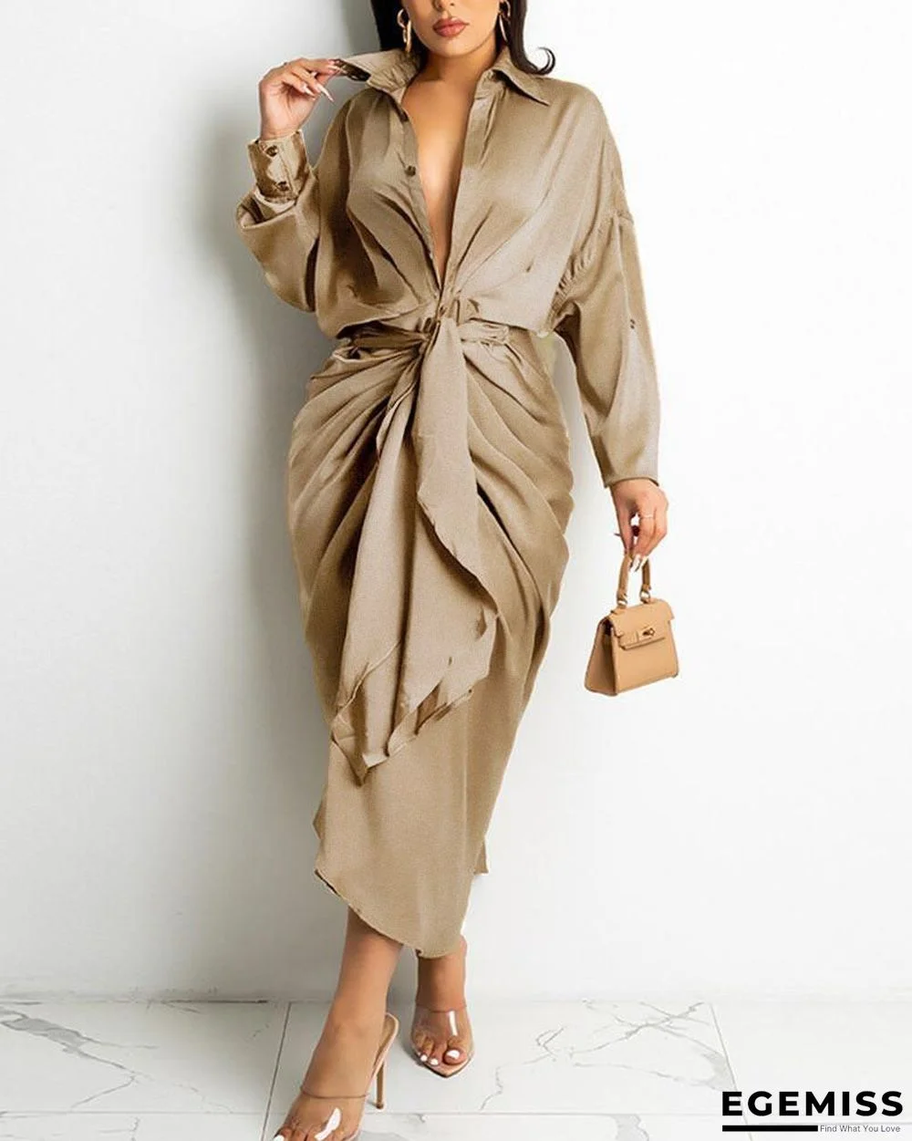 Long Sleeve Knot Front Draped Detail Shirt Dress | EGEMISS