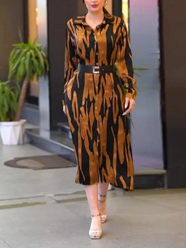 Style & Comfort for Mature Women Women's Long Sleeve Shirt Collar Graphic Midi Dress