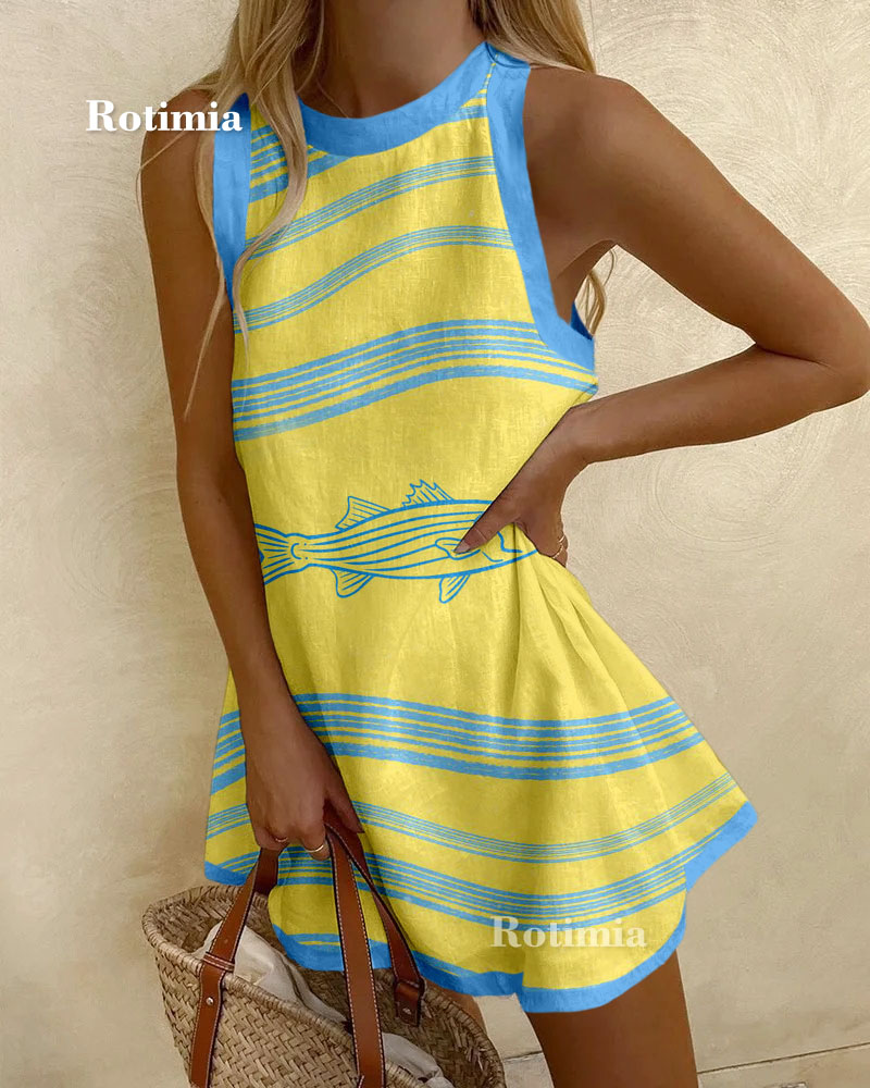 Striped wavy fish pattern mini dress