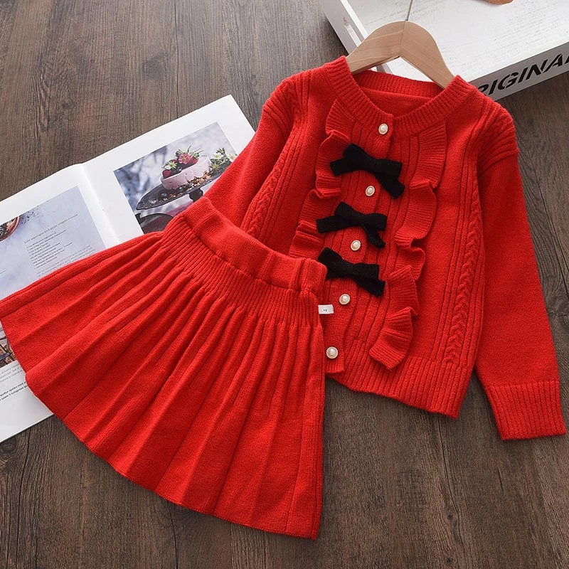 Bear Leader Girls Baby Winter Knitted Clothes Sets Fashion Kids Elegant Plaid Sweaters Tops And Skirt Outfits Princess Knitwear