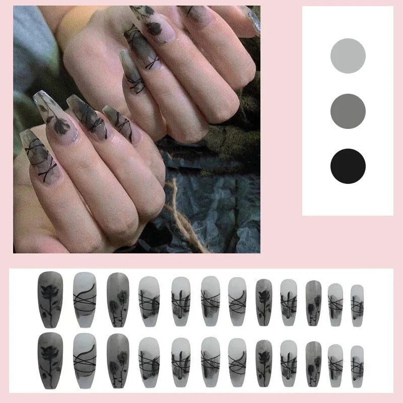 2021 24pcs Black Rose Wear Long Paragraph Fashion Manicure Patch False Nails Save Time Wearable Nail Patch-Nail Inspo