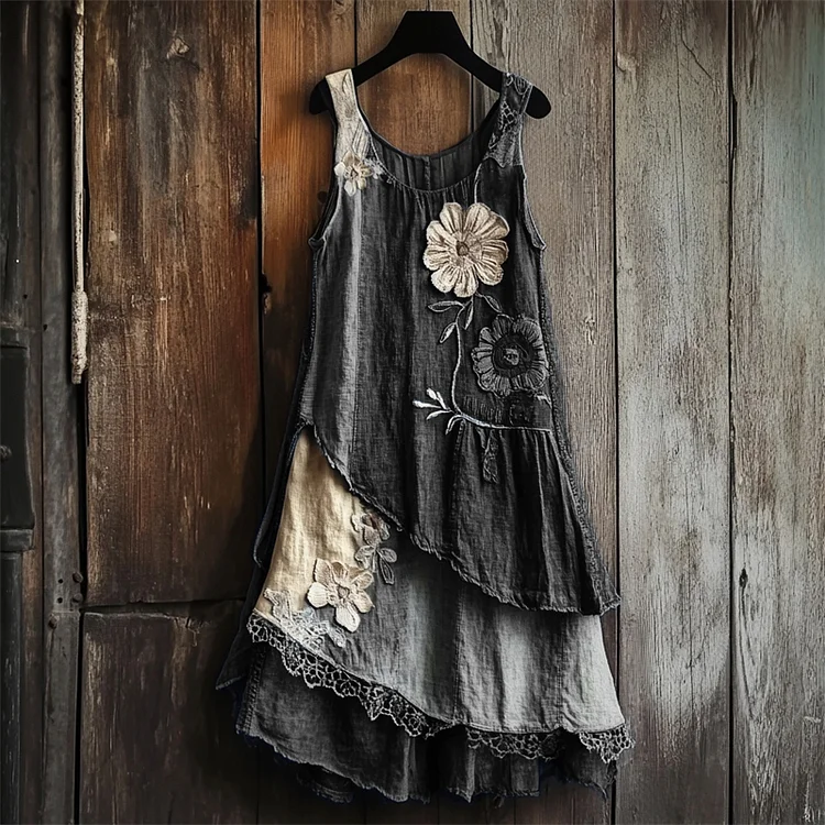 Flowers Denim Textile Lace Layered Tank Dress