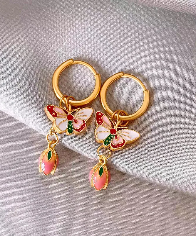 Retro Rainbow Copper Alloy Enamel Butterfly Floral Stud Earrings