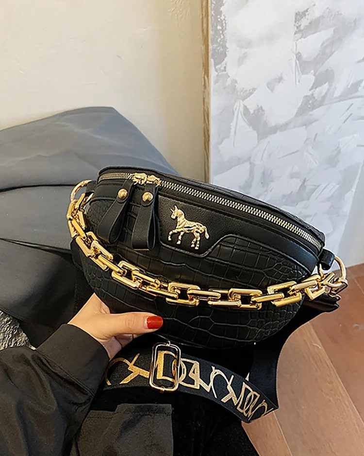 PU Chain Decor Zip Front Fanny Pack