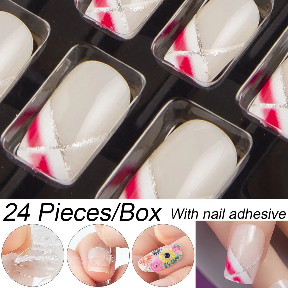 Fashion 24pc/set 10 Sizes Fake Nails Full Cover French False Nail Tips With Double-Sided Nail Adhesive Tab Press On Coffin Nail-Nail Inspo
