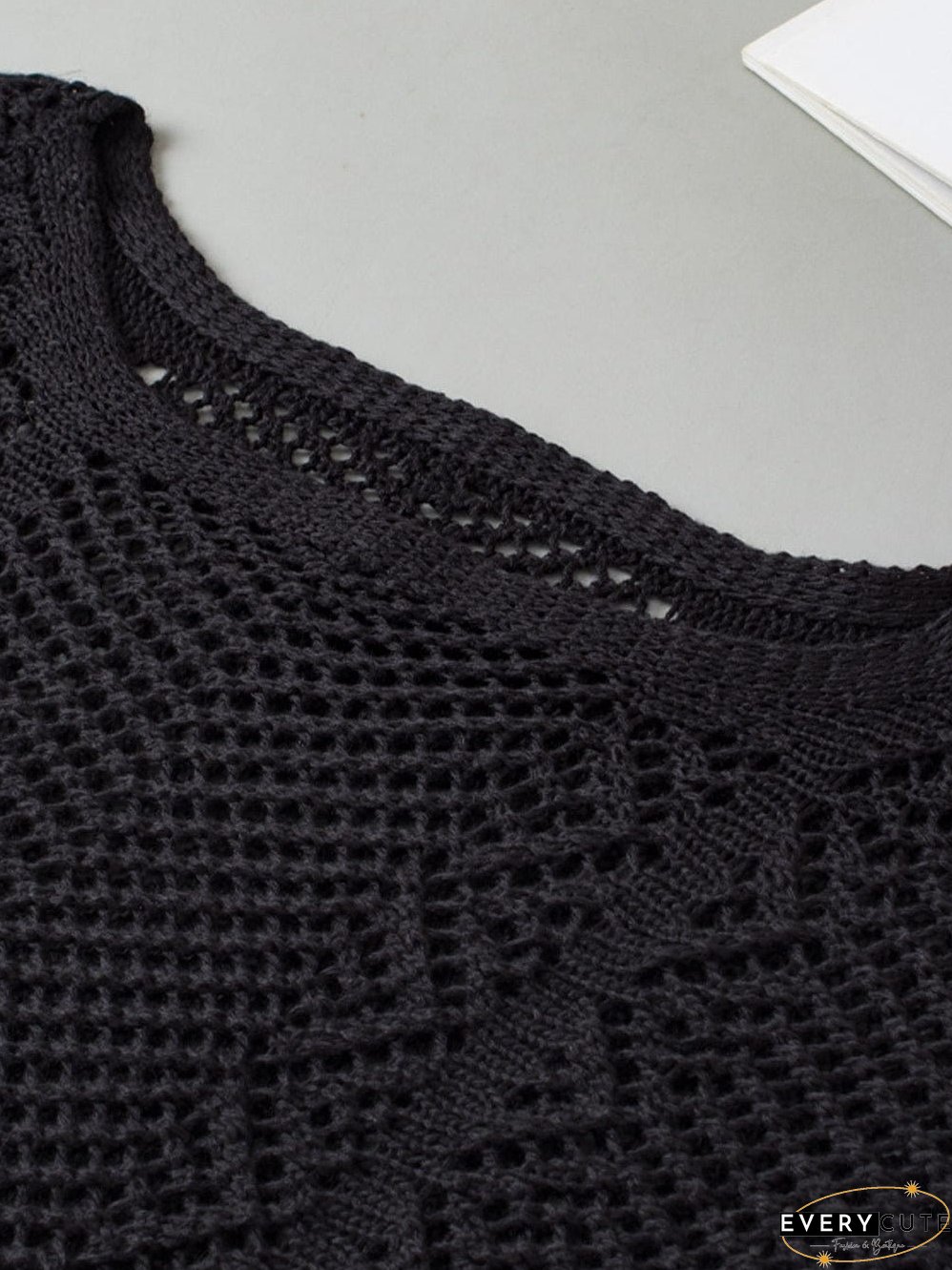 Pointelle Knit Black Scallop Trim Short Sleeve Top