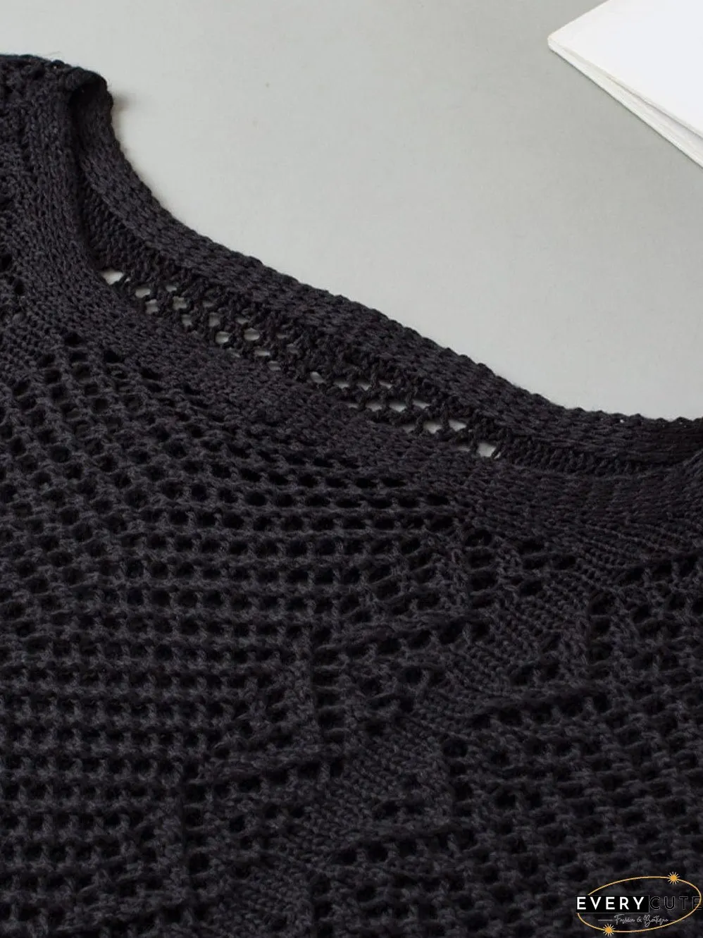 Pointelle Knit Black Scallop Trim Short Sleeve Top