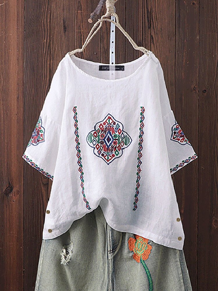 Half Sleeve Casual High Low Button Embroidery T Shirt P1545228