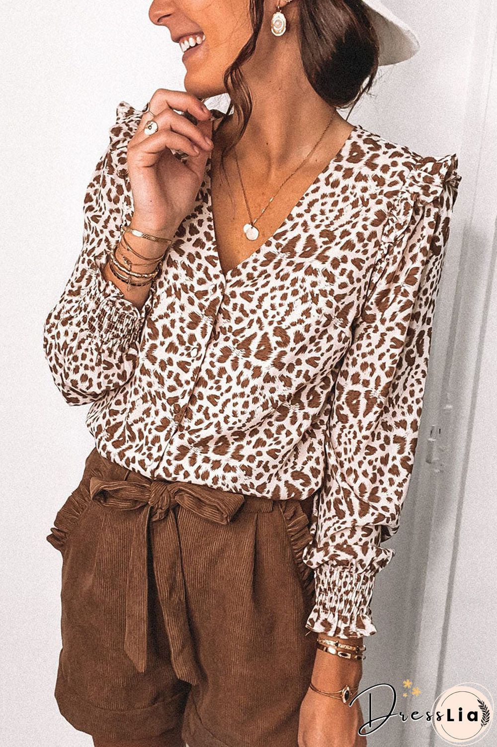 Fashion Print Flounce V Neck Tops