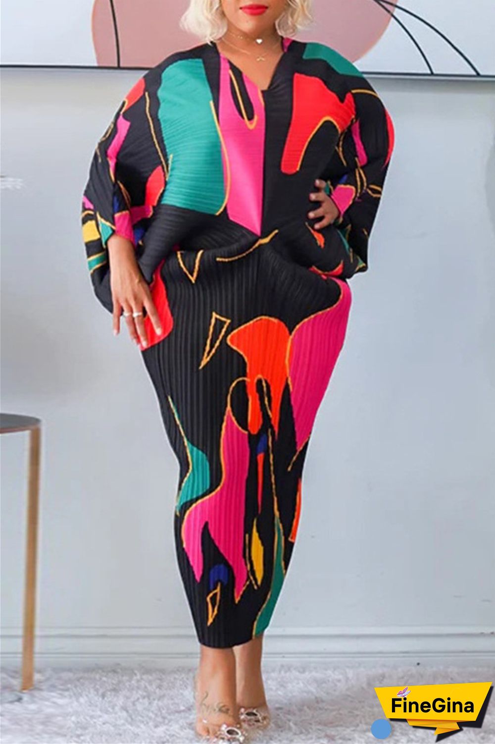 Pink Purple Casual Print Patchwork V Neck Pencil Skirt Plus Size Dresses