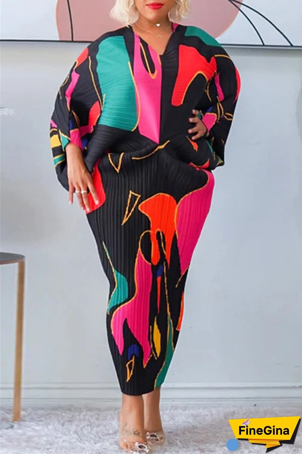 Pink Purple Casual Print Patchwork V Neck Pencil Skirt Plus Size Dresses