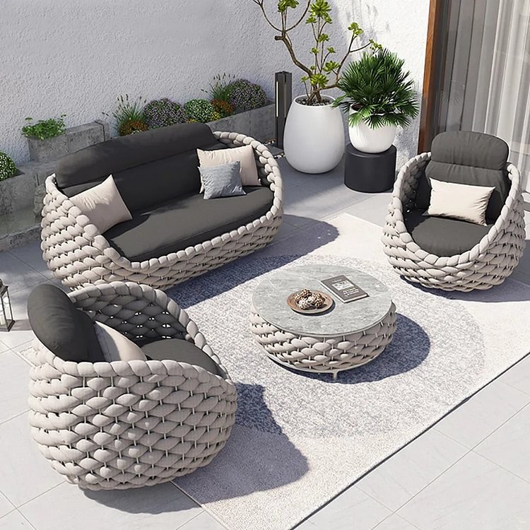 Homemys 4 Pieces Textilese Rope Woven Outdoor Sectional Sofa Set with Removable Cushion 