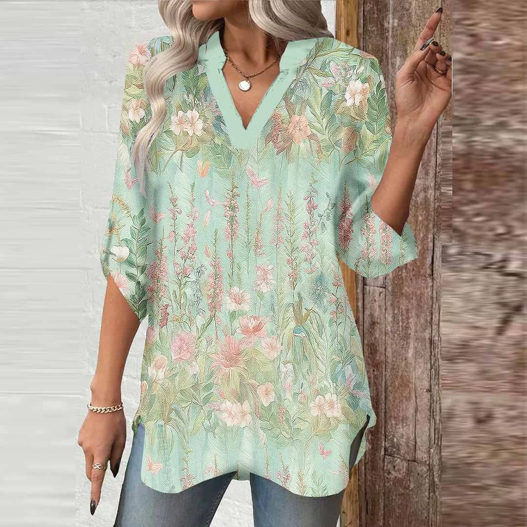 Women Floral, Green, Pink DZGA0602 3/4 Sleeve V-neck Printed Graphic Button Tops