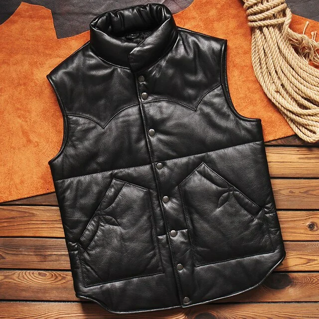 Cotton Padded Warm Mens Waistcoat Vest Coat Cowhide Genuine Leather Sheepskin Weskit Vest  For Man European Outwear Jacket 3XL